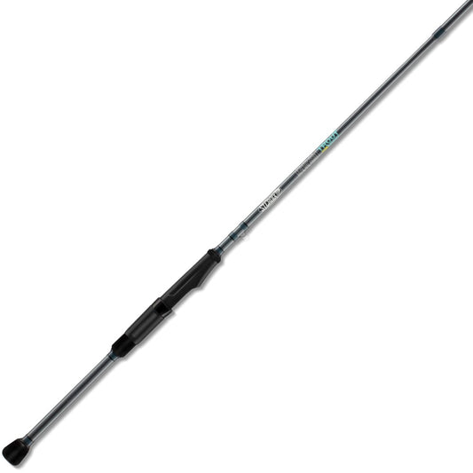Presenting the St. Croix Trout Pack Spinning Rod, 6'6" Medium Light, 3 Piece (TFS66MLXF3), featuring a gray and black design with an ergonomic handle and SCII carbon fiber construction. It tapers towards the tip, with shaft markings in blue accents on a white background.