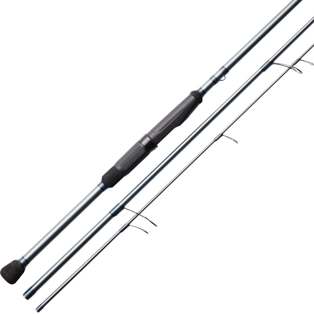The St. Croix Trout Pack Spinning Rod 6'6" Medium Light 3 Piece (TFS66MLXF3) is disassembled with three sections, including a black grip handle section with a reel seat and two line guide sections. Crafted from SCII carbon fiber, it features black accents for strength and precision.