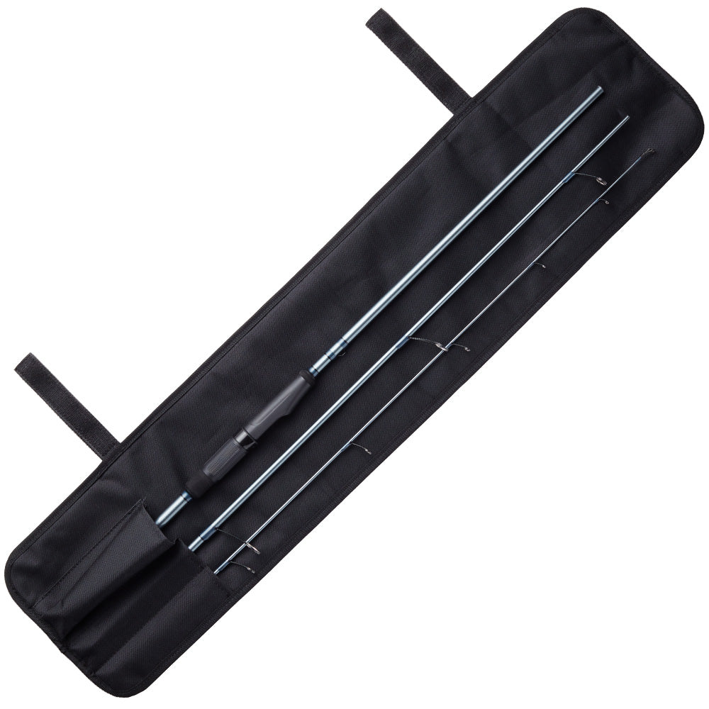 A St. Croix Trout Pack Spinning Rod 7'3" Medium Light 3 Piece is disassembled and neatly placed inside an open black fabric carrying case with two straps.