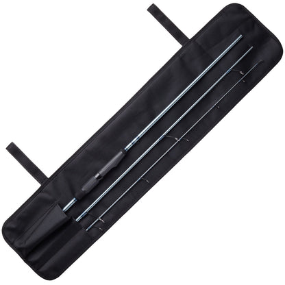 A St. Croix Trout Pack Spinning Rod 7'3" Medium Light 3 Piece is disassembled and neatly placed inside an open black fabric carrying case with two straps.