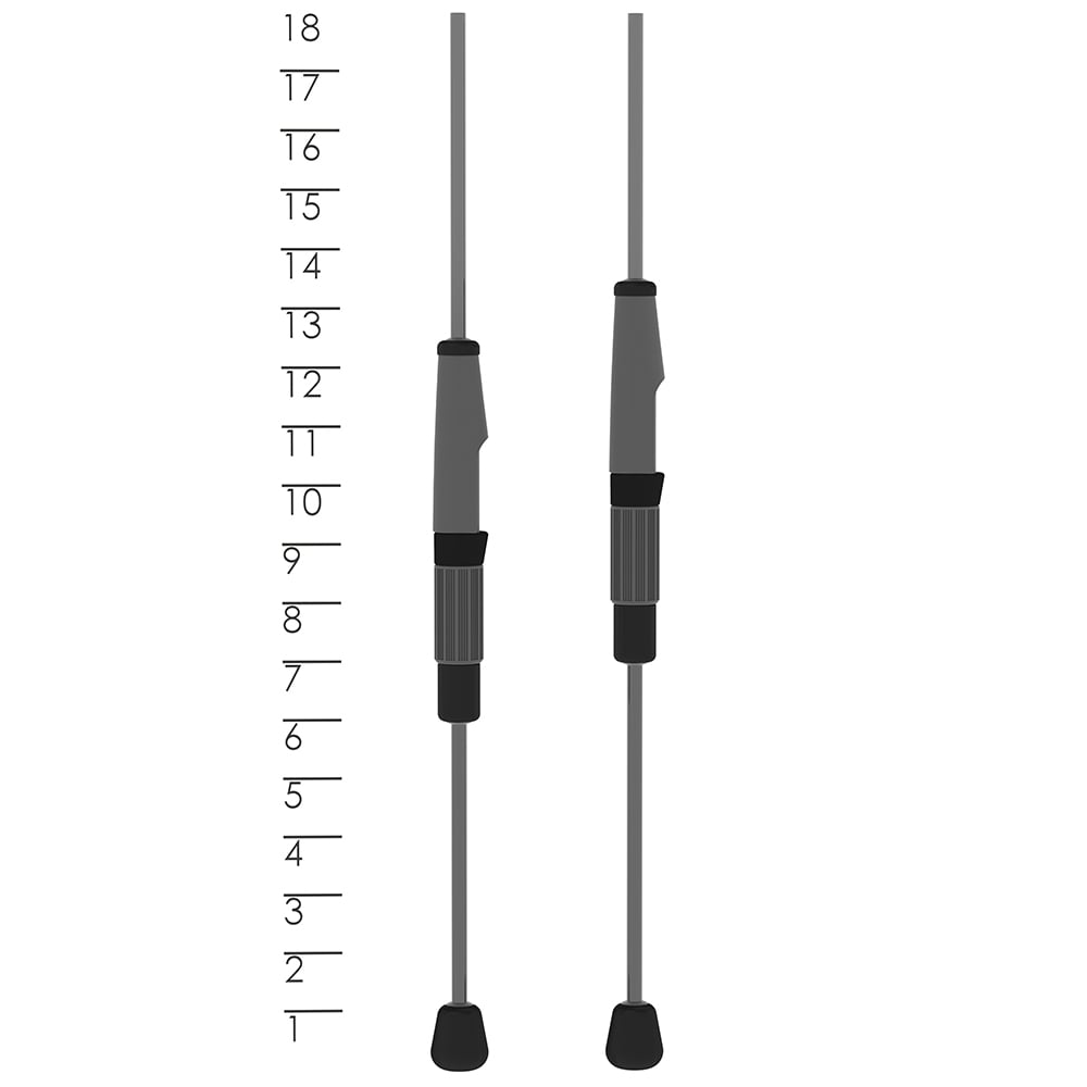 Illustration of two adjustable trekking poles marked 1 to 18 for height adjustability, crafted with SCII carbon fiber for durability and reliability, similar to the St. Croix Trout Pack Spinning Rod's premium quality.