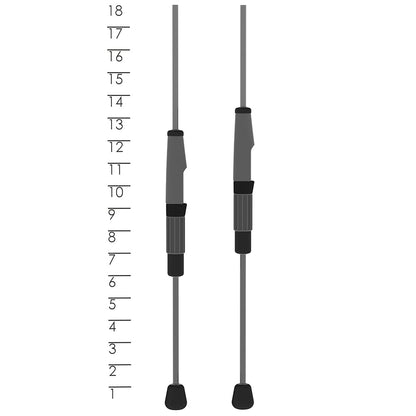 Illustration of two adjustable trekking poles marked 1 to 18 for height adjustability, crafted with SCII carbon fiber for durability and reliability, similar to the St. Croix Trout Pack Spinning Rod's premium quality.