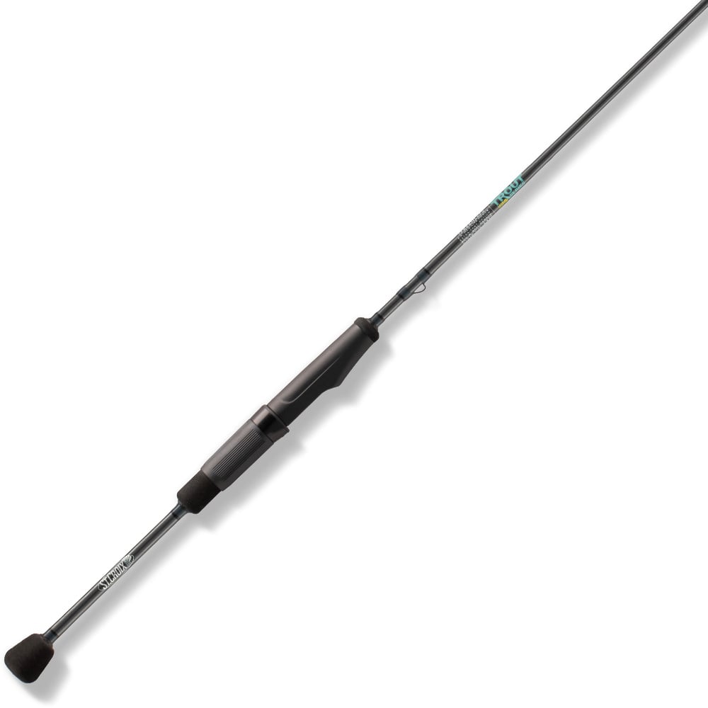 The St. Croix Trout Series Spinning Rod 4'10" Ultra Light (TFS410ULF) by St. Croix features a black foam handle, graphite reel seat, and slender grey shaft, displayed diagonally on a white background.