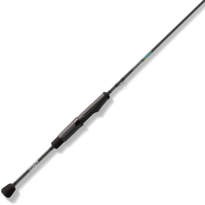 The St. Croix Trout Series Spinning Rod 4'10" Ultra Light (TFS410ULF) by St. Croix features a black foam handle, graphite reel seat, and slender grey shaft, displayed diagonally on a white background.
