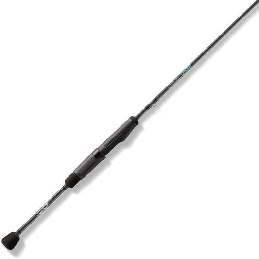 The St. Croix Trout Series Spinning Rod 6'4" Light 2 Piece (TFS64LF2) features a black foam handle, graphite reel seat, and slim, lightweight shaft—ideal for trout fishing—shown on a white background.