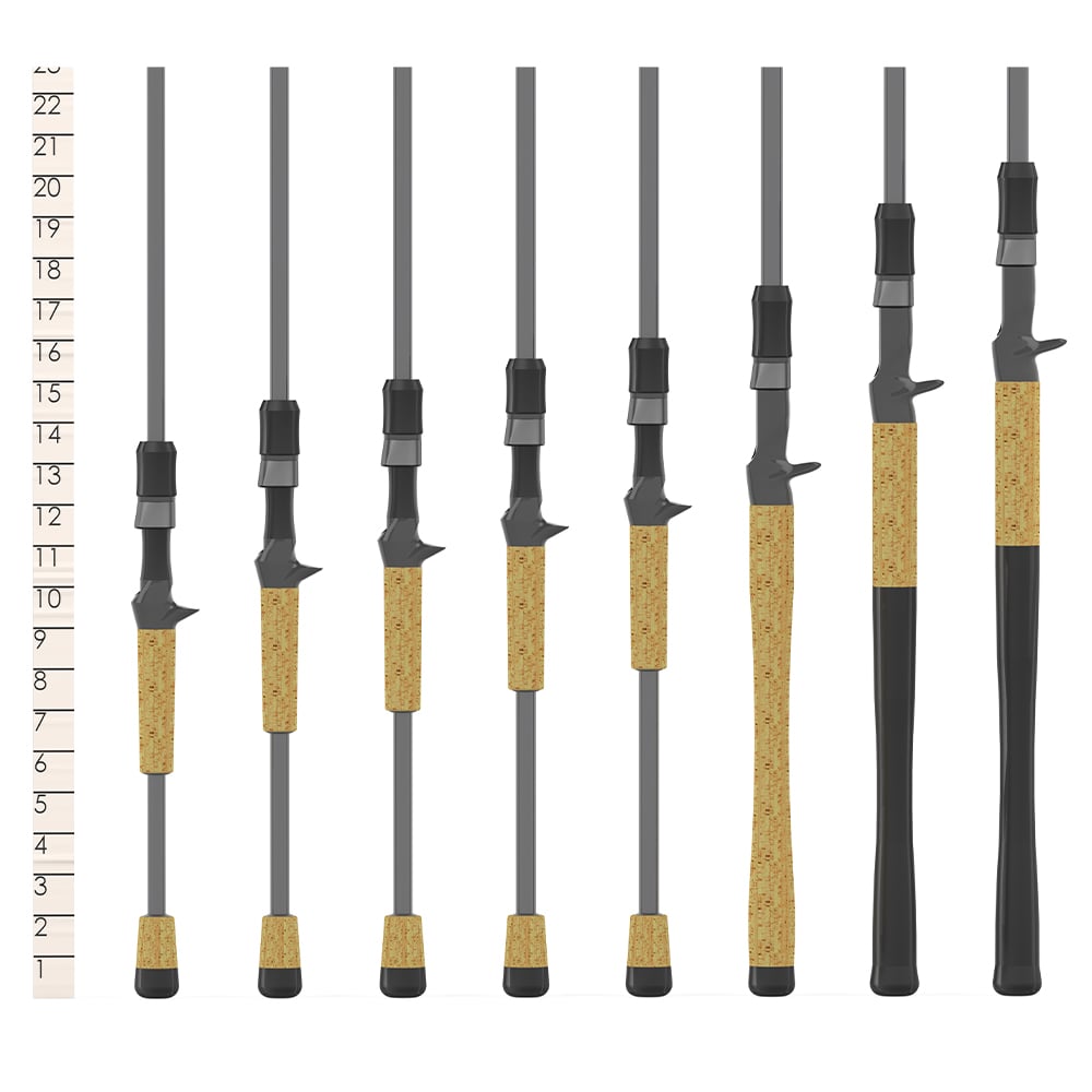 Eight fishing rods, including the St. Croix Victory Casting Rod 7'11" Heavy Knockout (VTC711HMF), stand vertically before a height chart, displaying lengths ranging from about 12 to 22 units on the adjacent scale.