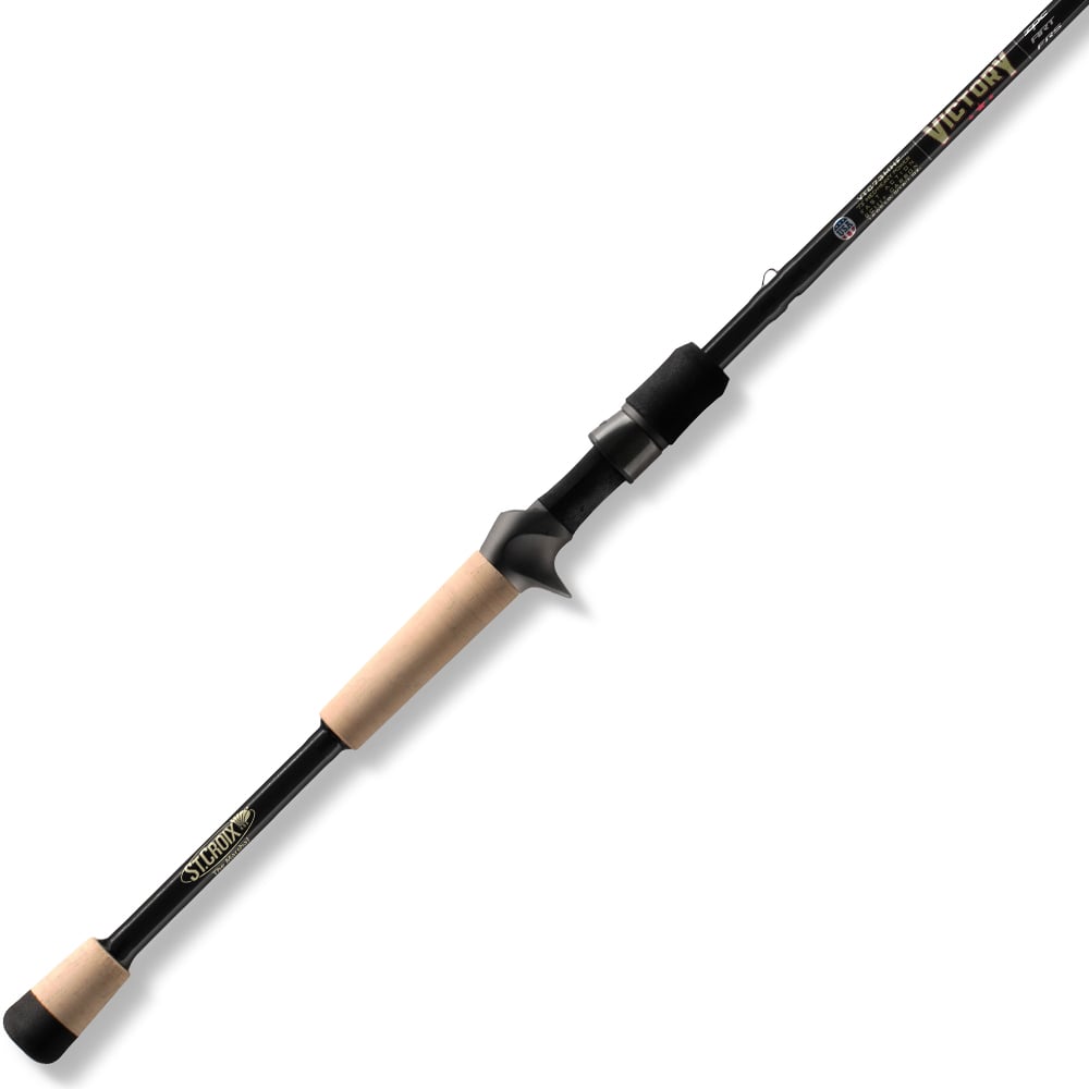 The St. Croix Victory Casting Rod 7'10" Extra Heavy Max-Cranker (VTC710XHM) features black and tan coloring, cork handles, a trigger grip, SCIII+ carbon fiber construction, and "ST. CROIX" branded near the reel seat.