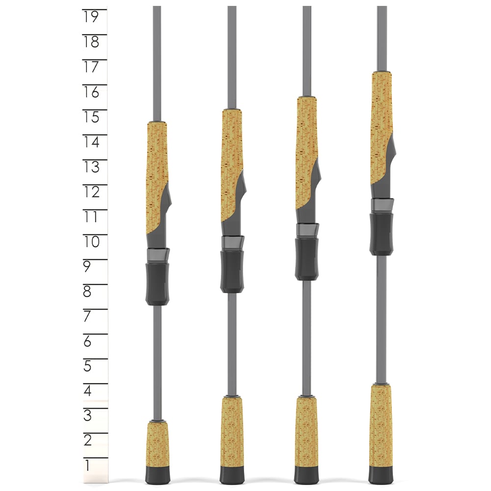 Four fishing rod handles, including a St. Croix Victory Spinning Rod 7'3" Medium Light Max-Lite Weight (VTS73MLXF), are aligned vertically by a numbered ruler. Their cork grips and dark reel seats highlight their quality as medium light rods.