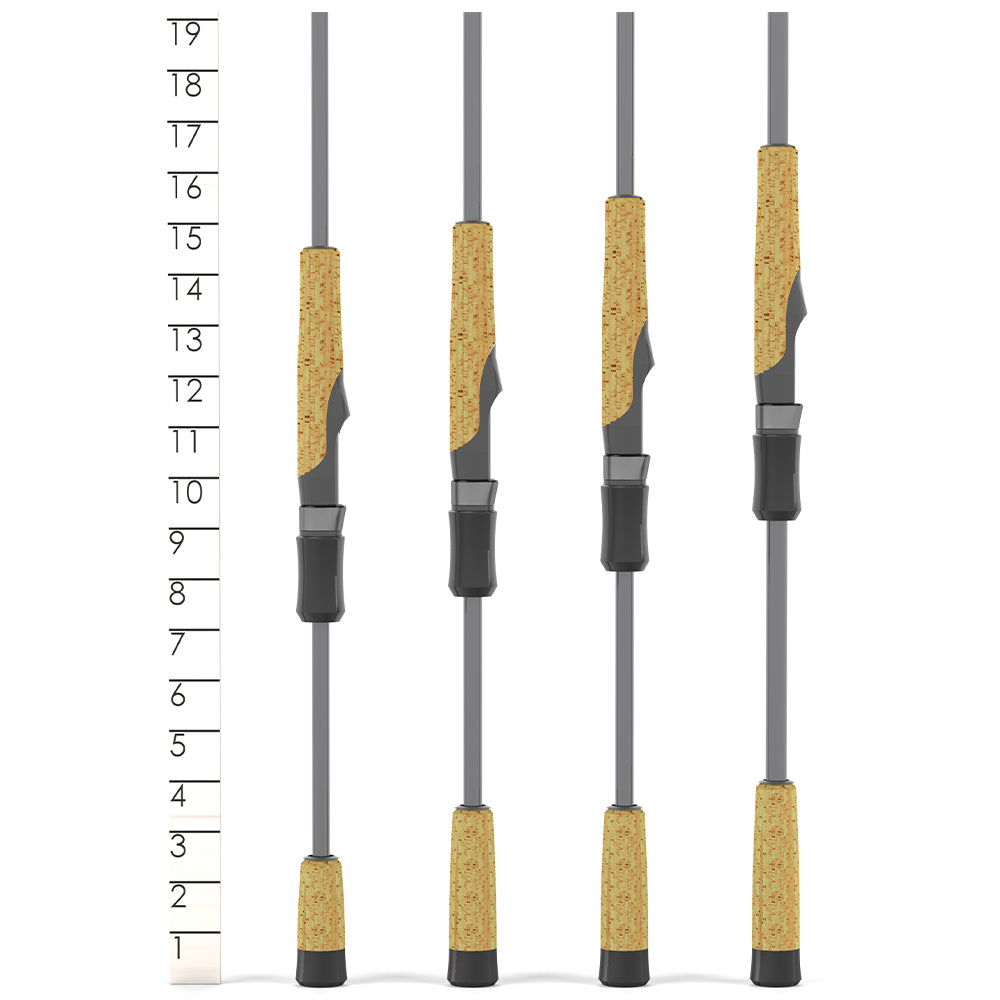 Four fishing rods with cork handles, including the St. Croix Victory Spinning Rod 7'10" Medium Light Crosshair, are displayed upright in a row next to a vertical scale from 1 to 19 resembling a measuring ruler.