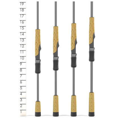 Four fishing rods with cork handles, including the St. Croix Victory Spinning Rod 7'10" Medium Light Crosshair, are displayed upright in a row next to a vertical scale from 1 to 19 resembling a measuring ruler.
