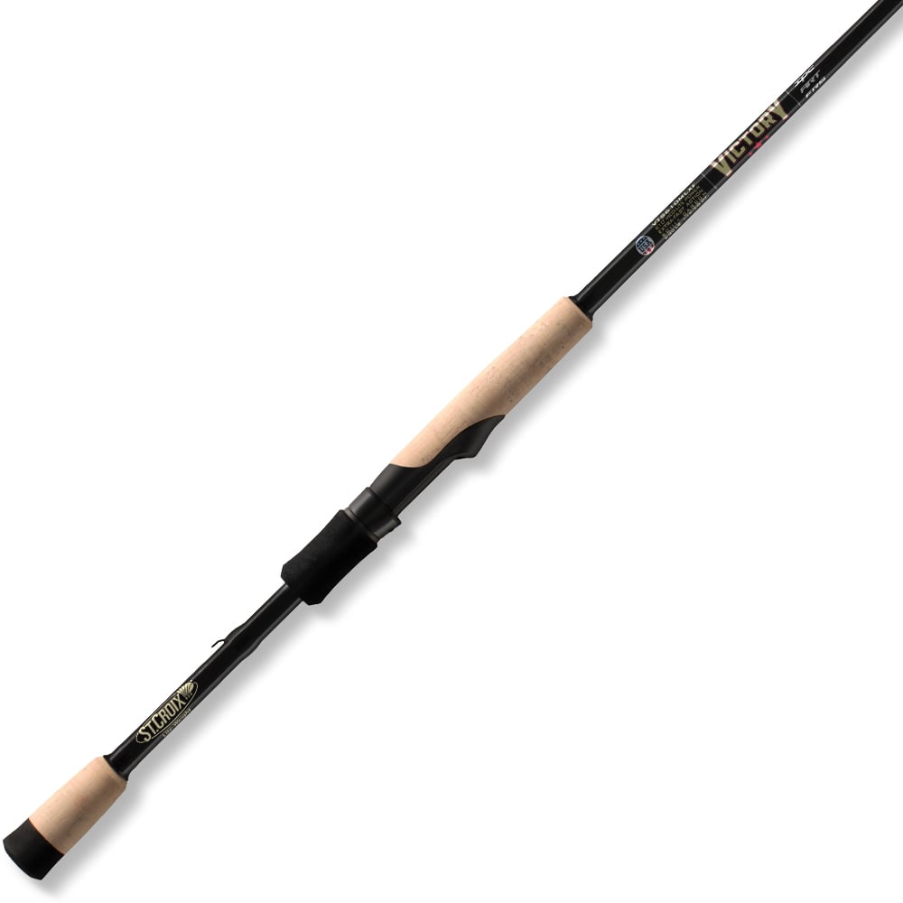A St. Croix Victory Spinning Rod 7'1" Medium (VTS71MF) with a black and tan finish, cork handle, and SCIII+ carbon blank is displayed against a white background.