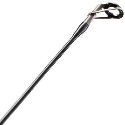 Close-up of the St. Croix Victory Spinning Rod 7'10" Medium Light Crosshair (VTS710MLXF) tip, featuring its metal and ceramic guide eyelet and SCIII+ carbon fiber build, all showcased against a white background.