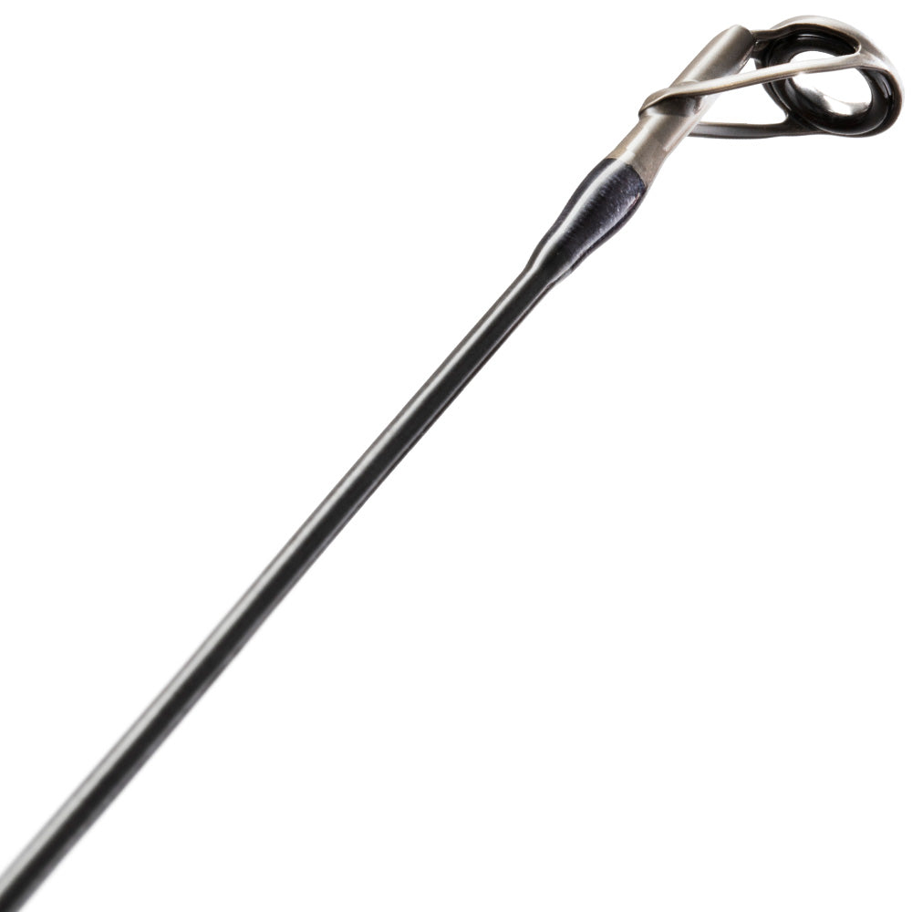 Close-up of the tip of the St. Croix Victory Spinning Rod 7'10" Medium Open Water (VTS710MMF), showing the guide ring and thread wrappings on its SCIII+ Carbon Fiber blank for precise, medium open water performance.