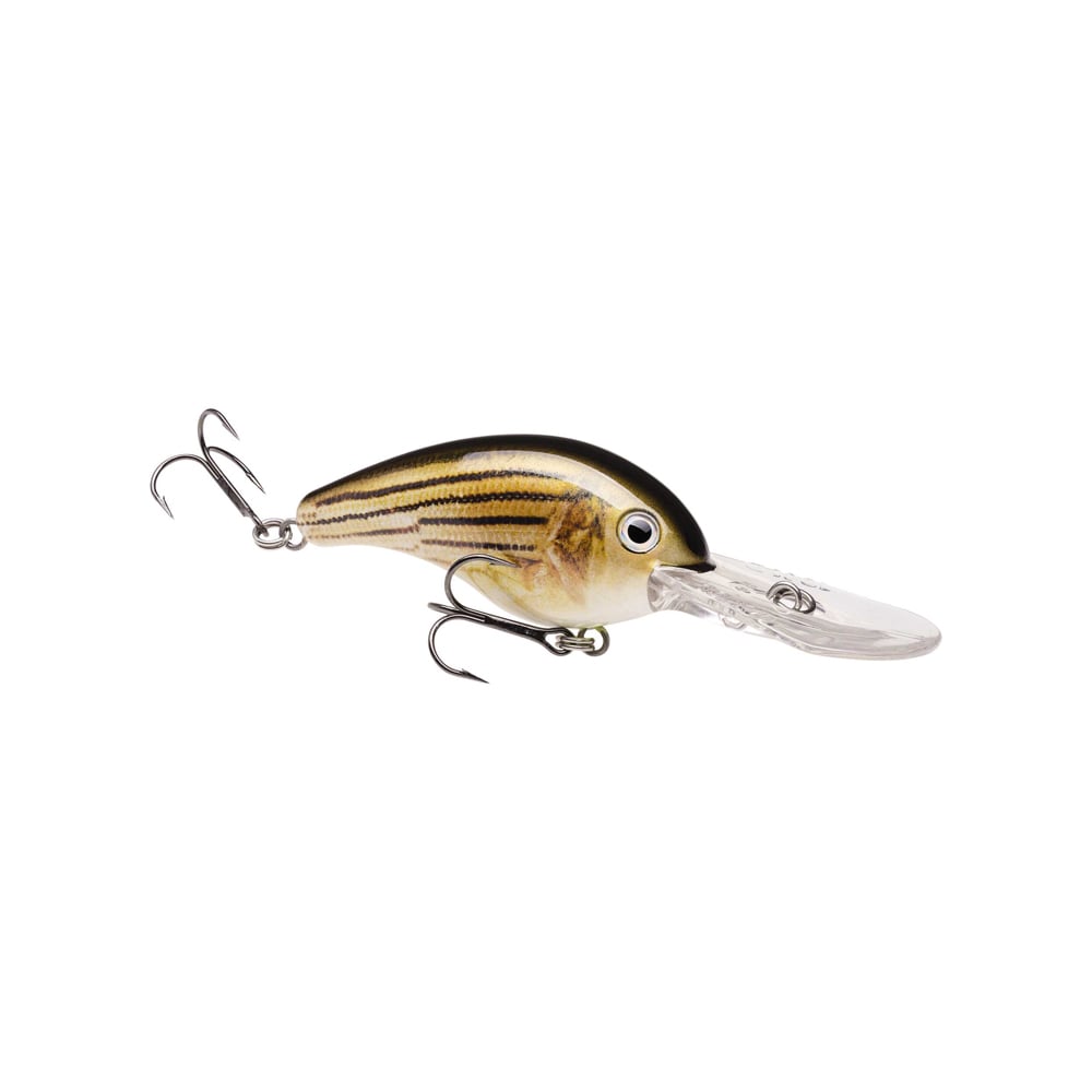 The Strike King 10XD Crankbaits features a fish-like design with a striped tan and black pattern, two treble hooks, and a clear plastic lip for deep diving, all showcased against a white background.