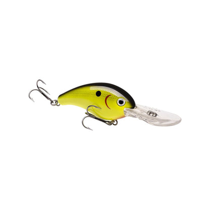 The Strike King 10XD Crankbaits, by Strike King, is a yellow and black lure with a fish-like design featuring a round eye, two treble hooks, and a clear plastic lip for deep diving—perfect for anglers looking to attract the catch of the day.