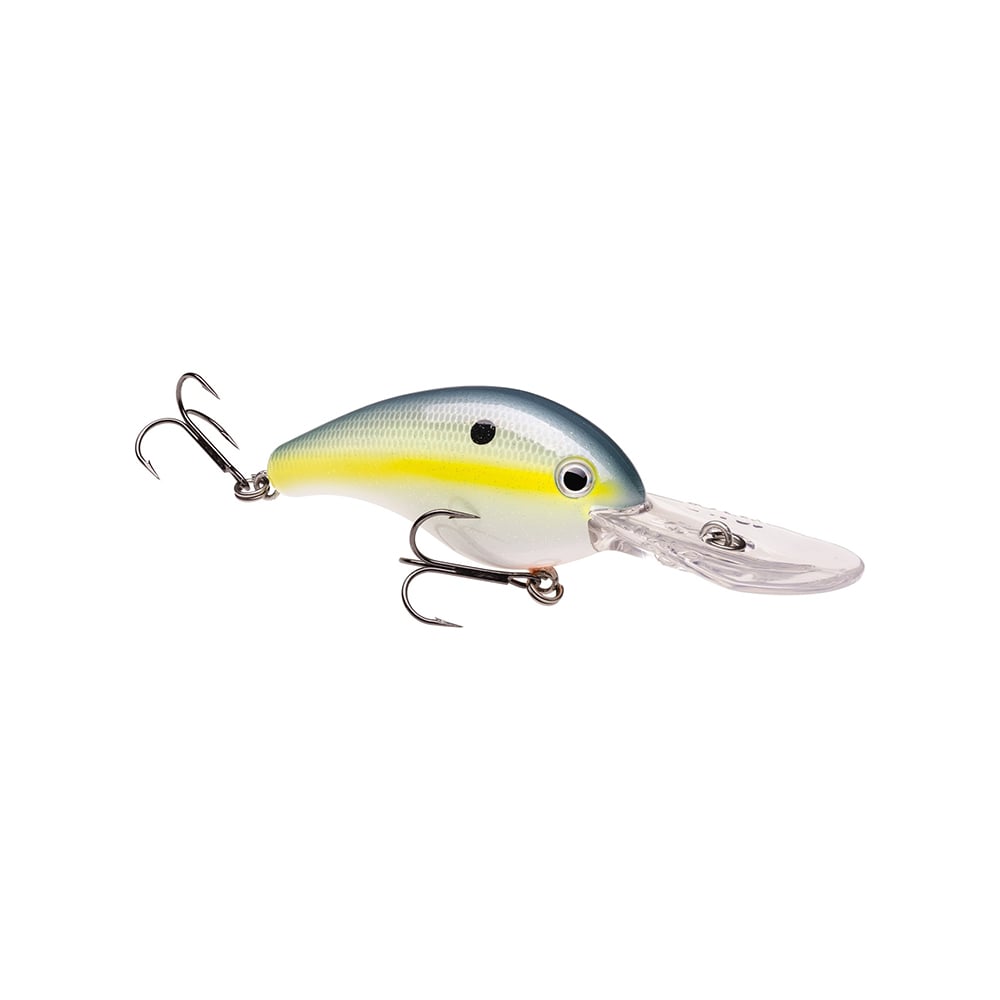The Strike King 10XD Crankbaits lure, ideal for bass fishing, has a vibrant body with blue on top transitioning to greenish-yellow and a white belly. It features two treble hooks, a clear plastic lip for deep diving, and a circular eye design.