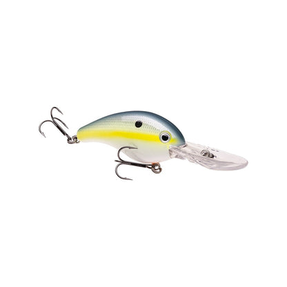The Strike King 10XD Crankbaits lure, ideal for bass fishing, has a vibrant body with blue on top transitioning to greenish-yellow and a white belly. It features two treble hooks, a clear plastic lip for deep diving, and a circular eye design.