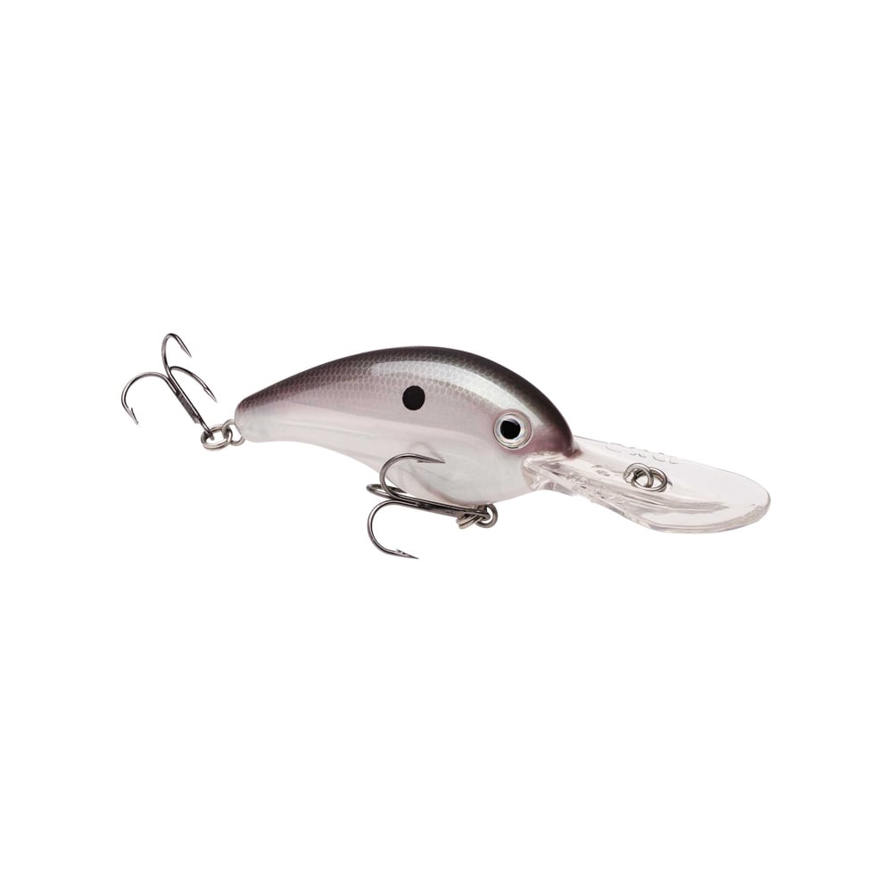The Strike King 10XD Crankbaits by Strike King is a silver and black lure with two treble hooks, a clear diving lip, and features a metallic finish and detailed side eye, ideal for deep water bass fishing.