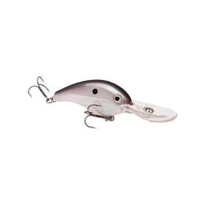 The Strike King 10XD Crankbaits by Strike King is a silver and black lure with two treble hooks, a clear diving lip, and features a metallic finish and detailed side eye, ideal for deep water bass fishing.
