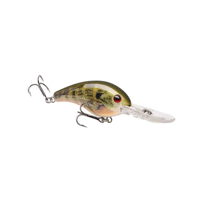 The Strike King 10XD Crankbaits features a realistic fish shape for bass fishing, with a green and brown body, red eyes, and two treble hooks. It includes a clear, curved plastic lip for deep diving and is displayed against a plain white background.