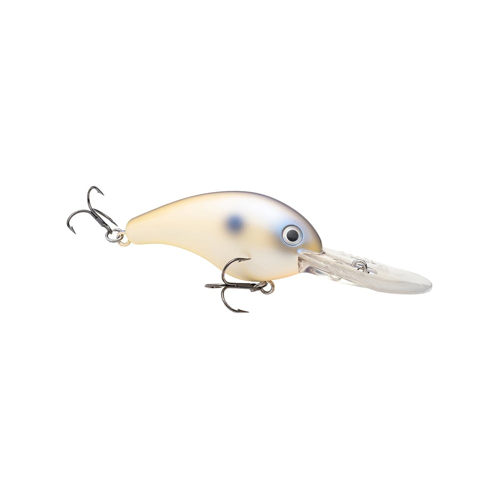 The Strike King 10XD Crankbaits is a metallic, deep-diving bass lure with two treble hooks and a clear plastic lip for diving excellence. It mimics a small fish with a white body, blue eye, and subtle blue spot.