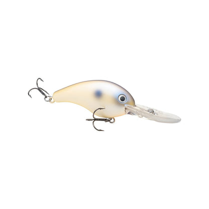 The Strike King 10XD Crankbaits is a metallic, deep-diving bass lure with two treble hooks and a clear plastic lip for diving excellence. It mimics a small fish with a white body, blue eye, and subtle blue spot.