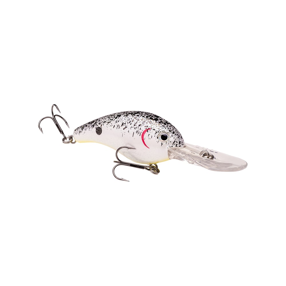The Strike King 10XD Crankbait, equipped with two treble hooks, features a white body with black speckles and a pink accent near the eye. Its clear, flat bib ensures deep diving to perfectly mimic small fish and attract elusive catches.