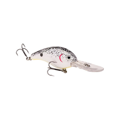 The Strike King 10XD Crankbait, equipped with two treble hooks, features a white body with black speckles and a pink accent near the eye. Its clear, flat bib ensures deep diving to perfectly mimic small fish and attract elusive catches.