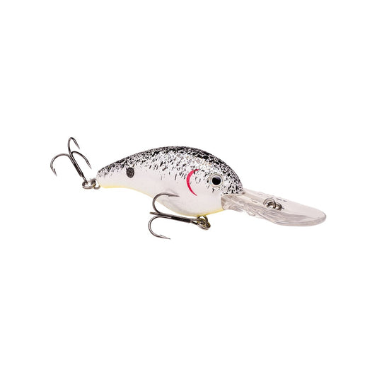 The Strike King 10XD Crankbait, equipped with two treble hooks, features a white body with black speckles and a pink accent near the eye. Its clear, flat bib ensures deep diving to perfectly mimic small fish and attract elusive catches.