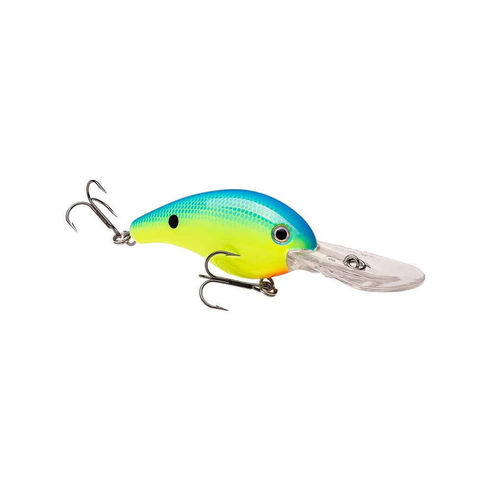 The Strike King 10XD Crankbait is ideal for bass fishing, featuring a blue and yellow body, red underside, clear elongated bill, and two treble hooks. Its small fish design makes it perfect for deep diving adventures.