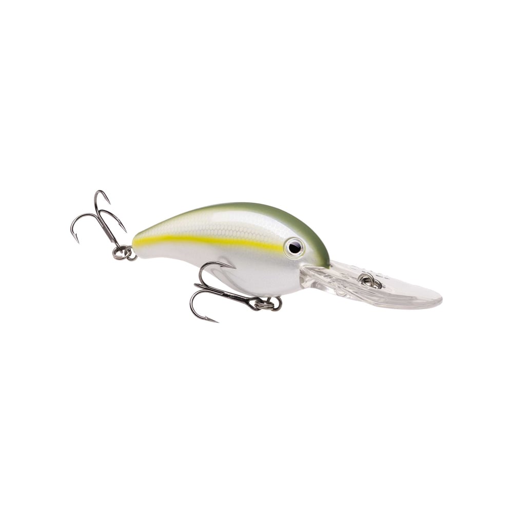 The Strike King 10XD Crankbait, by Strike King, features a green and yellow top with a white underbelly, two treble hooks, and a clear plastic diving lip. It resembles a small fish, making it perfect for bass fishing and attracting larger catches.