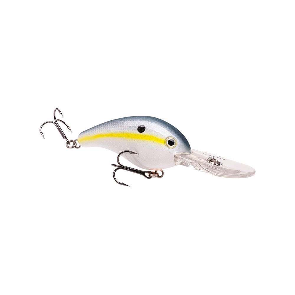 The Strike King 10XD Crankbaits, designed in blue, white, and yellow, features two treble hooks and a clear diving lip for deep bass fishing.