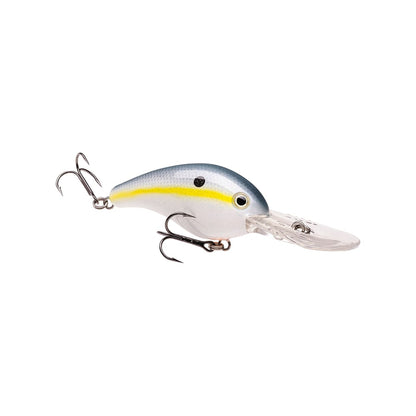 The Strike King 10XD Crankbaits, designed in blue, white, and yellow, features two treble hooks and a clear diving lip for deep bass fishing.