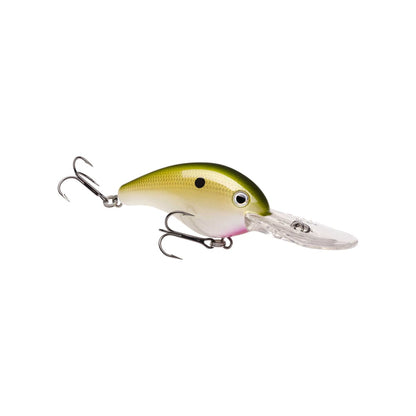 The Strike King 10XD Crankbaits by Strike King features a vibrant yellow and green body, two treble hooks, and a transparent lip for deep diving. Its distinctive fish-eye design stands out against a white background.