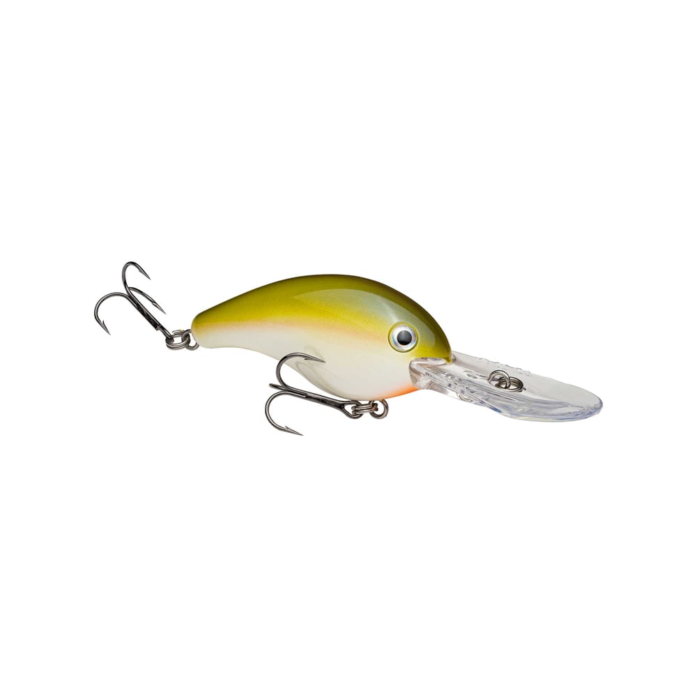 Enhance your Bass Fishing Lures with the Strike King 10XD Crankbaits: a pear-shaped, deep diving lure. It features a yellow and olive upper side, white underside, small black eyes, two treble hooks, and a clear plastic lip for optimal diving action. Brought to you by Strike King.