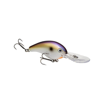 The Strike King 10XD Crankbaits fishing lure, from Strike King, has a purple back, white sides, and a silver belly. Its fish-like shape with two treble hooks and a transparent elongated bill makes it perfect for deep diving in bass fishing adventures.