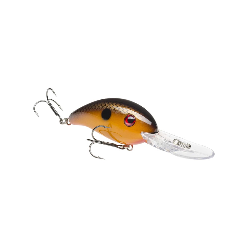 The Strike King 3XD Crankbait features a brown and orange body, black scales, red eye, two treble hooks, and a clear diving lip—ideal for anglers wanting genuine Strike King bass fishing lures.