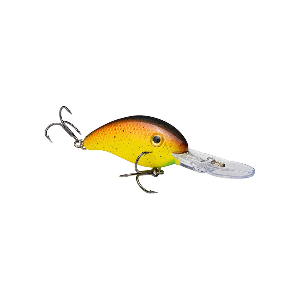 A vibrant Strike King 3XD Crankbait, featuring a yellow-orange body with black spots, two treble hooks, and a clear diving bill, ideal for bass fishing, is shown on a white background. Brand: Strike King.