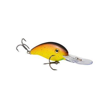 A vibrant Strike King 3XD Crankbait, featuring a yellow-orange body with black spots, two treble hooks, and a clear diving bill, ideal for bass fishing, is shown on a white background. Brand: Strike King.