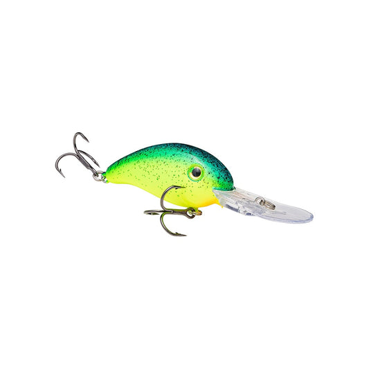 The Strike King 3XD Crankbait by Strike King features a green and yellow body with black speckles, two treble hooks, and a clear plastic lip, making it perfect for bass fishing. Shown against a plain white background.