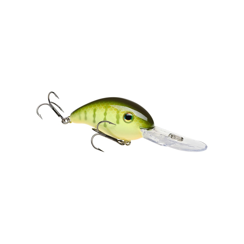 The Strike King 3XD Crankbait is a green and yellow fish-shaped lure with two treble hooks and a clear plastic lip, ideal for bass fishing and shown isolated on a white background.