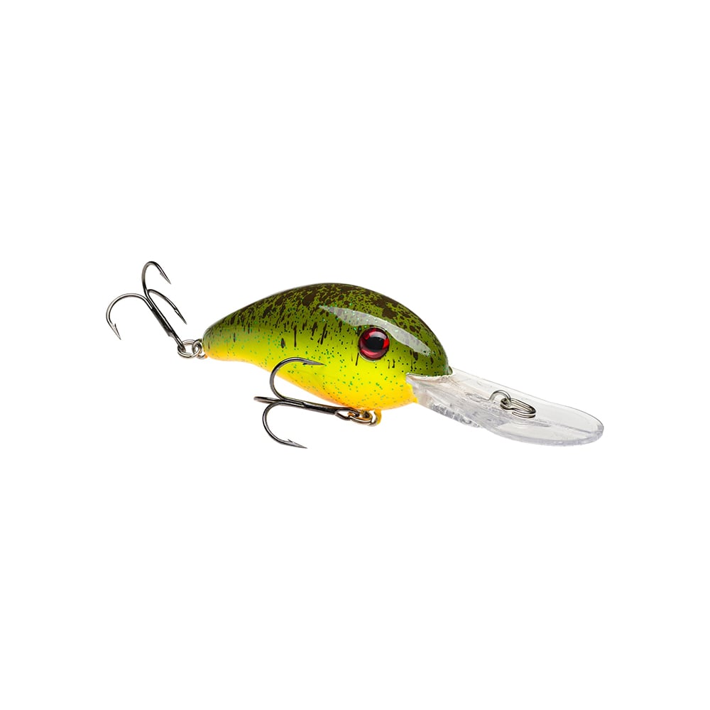 A Strike King 3XD Crankbait featuring a green and yellow body with black speckles, red eye, two treble hooks, and a clear plastic lip, ideal for bass fishing, shown isolated on a white background.