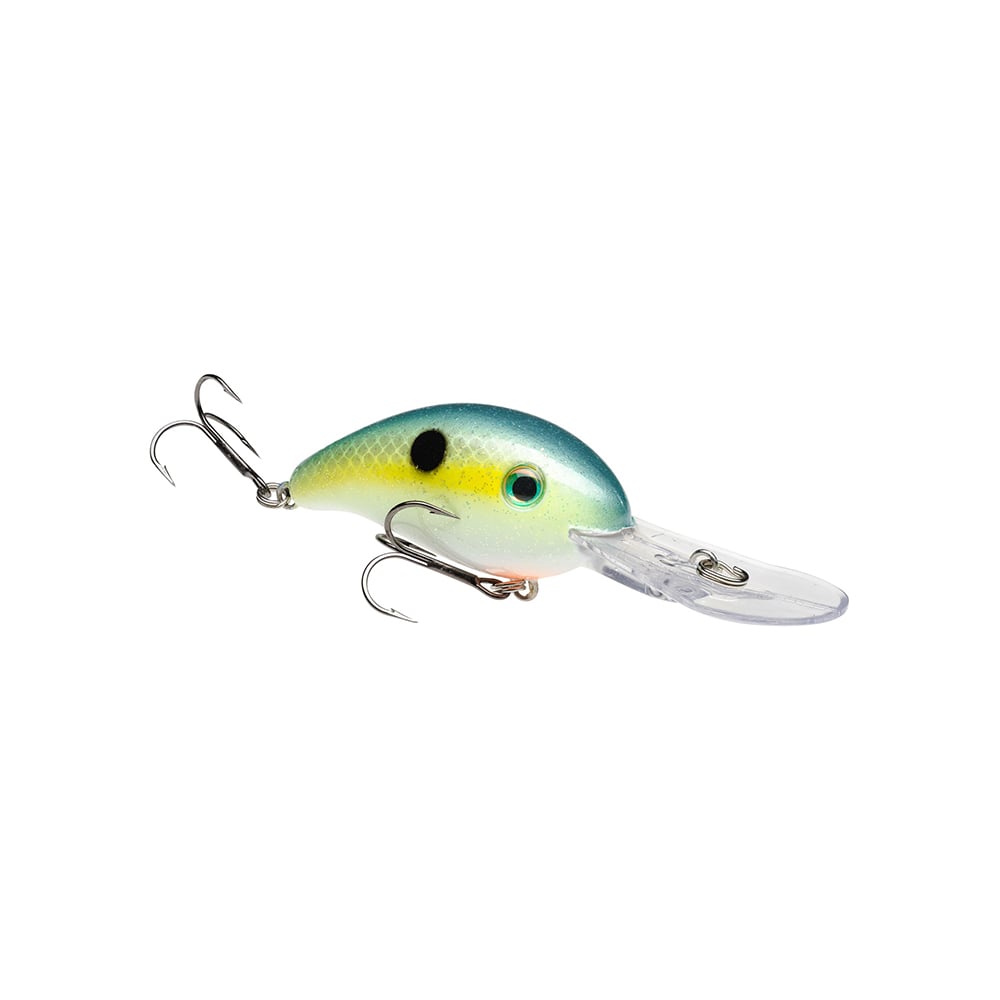 The Strike King 3XD Crankbait features a blue-green top, yellow sides, and black spot, with two treble hooks and a clear lip for diving—making it a popular bass fishing lure.