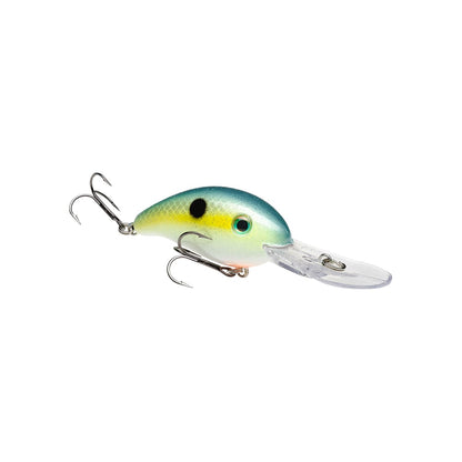 The Strike King 3XD Crankbait features a blue-green top, yellow sides, and black spot, with two treble hooks and a clear lip for diving—making it a popular bass fishing lure.