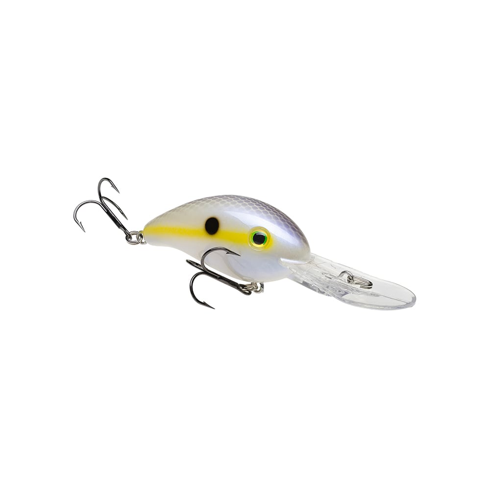 The Strike King 3XD Crankbait is a hard plastic fishing lure with a white and yellow body, black spot, green eye, two treble hooks, and a clear diving lip—perfect for bass fishing fans.