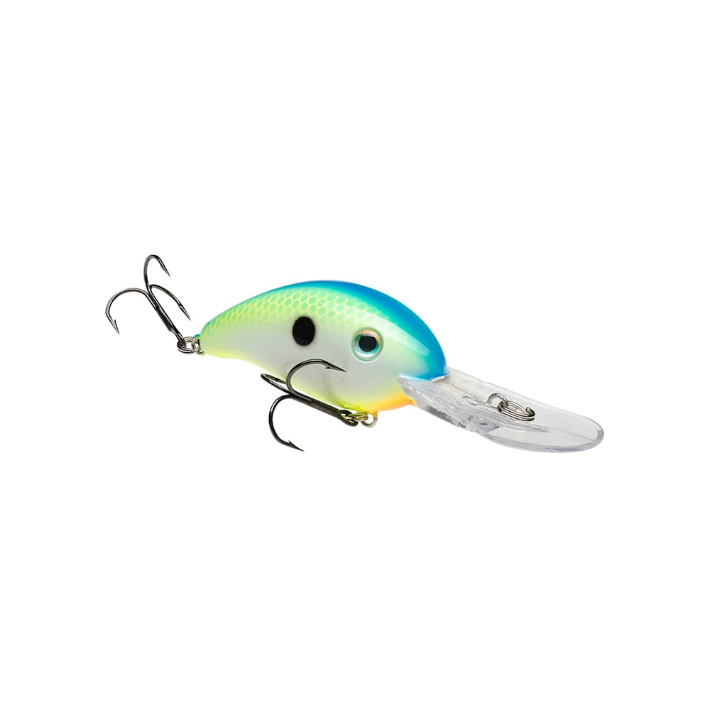The Strike King 3XD Crankbait by Strike King features a blue and yellow body with black spots, two treble hooks, and a clear plastic lip—ideal for anglers seeking premium bass fishing lures.