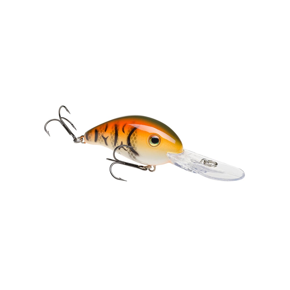 The Strike King 3XD Crankbaits fishing lure features orange, yellow, and green patterns, a clear diving lip, and two treble hooks—ideal for bass fishing. Product by Strike King. White background.