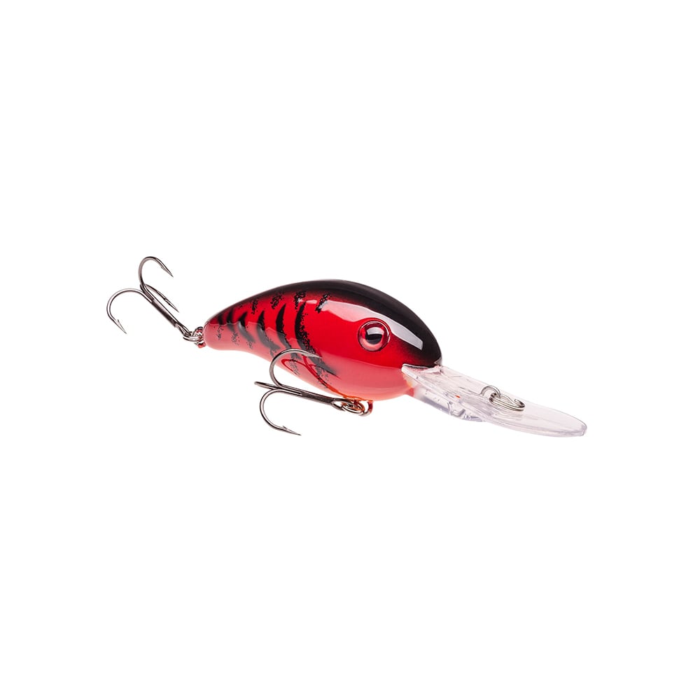 The Strike King 3XD Crankbait by Strike King is a red and black lure with two treble hooks and a clear plastic bill, designed to mimic baitfish—ideal for bass fishing lures, shown on a white background.