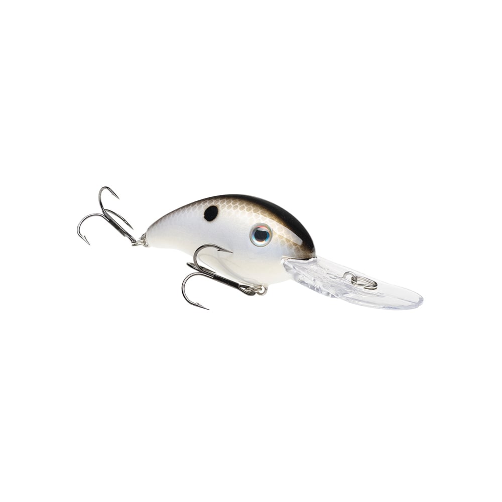 The Strike King 3XD Crankbait is a bass fishing lure with a white body, black tail spot, black top, silver scales, blue eye, two treble hooks, and a clear plastic lip for diving.
