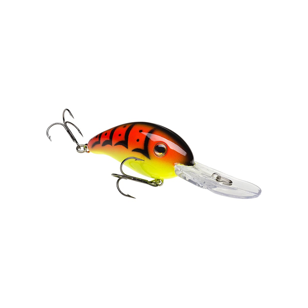 The Strike King 3XD Crankbaits features a vivid red, black, and yellow body, dual treble hooks, and a clear plastic lip—ideal for bass fishing lure collections.